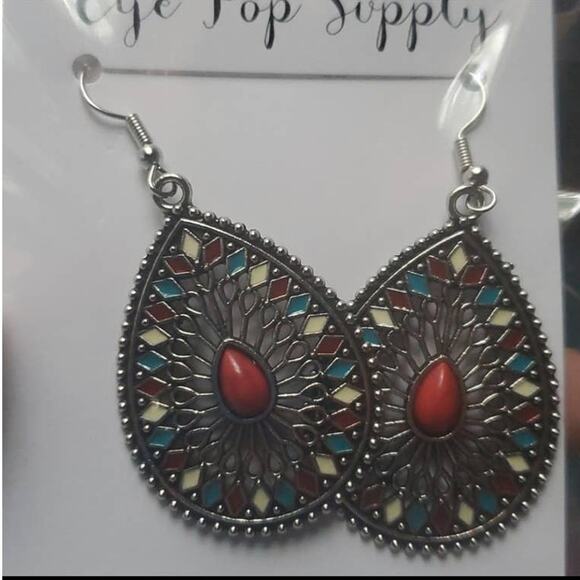 Red, blue, cream boho statement drop earrings - Picture 4 of 5
